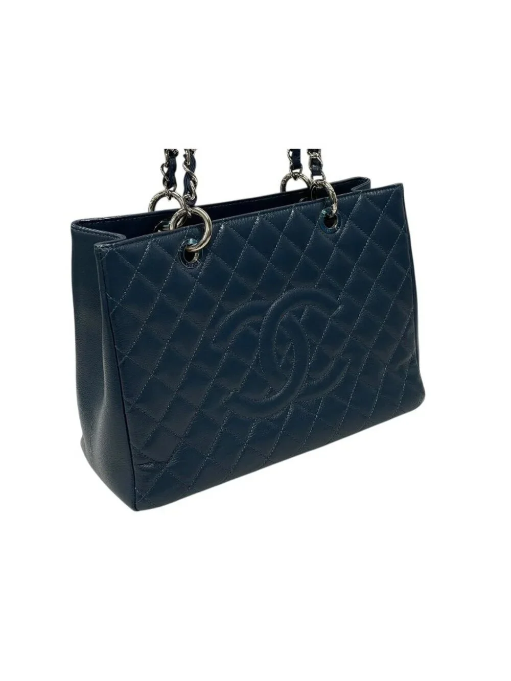Chanel Grand Shopping Tote Bag GST Chain Caviar Leather CC Logo Navy Silver